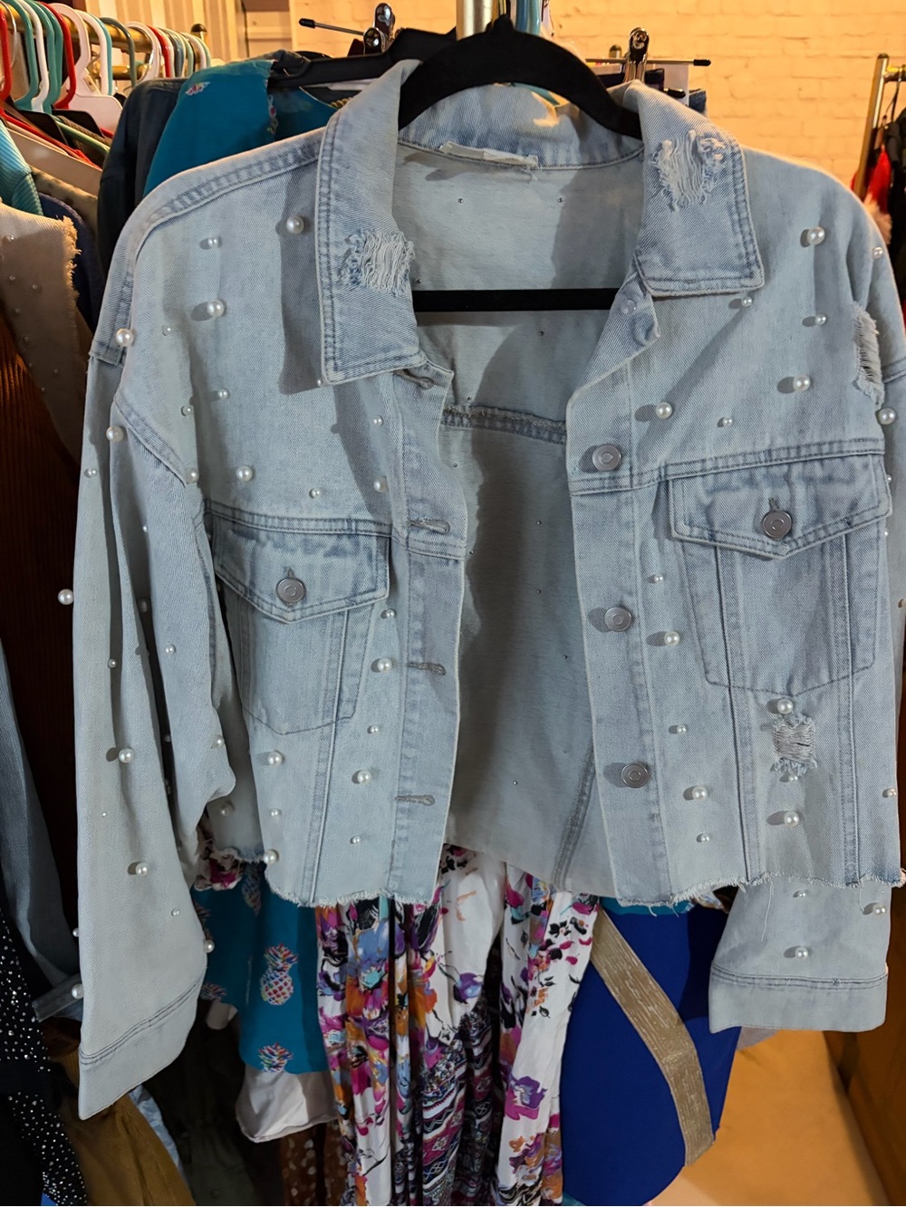 Light Blue Pearl-Embellished Denim Jacket